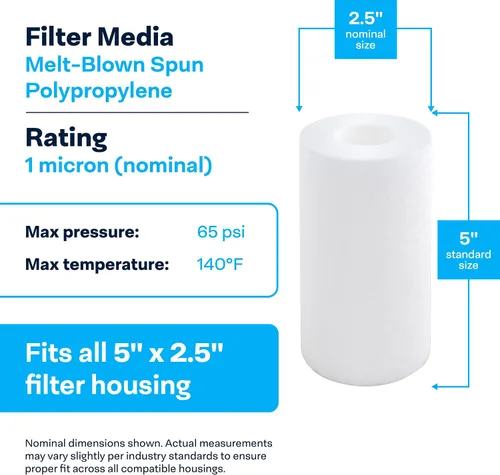 Miniatura 3 de SpiroPure SP-P1-478 5x2.5 Cartucho de filtro de agua de sedimento de polipropileno fundido fundido hilado de 1 micrón SDC-25-0501 (caja de 24)