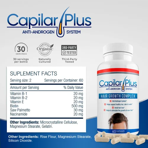 Miniatura 6 de Capilar Plus con sistema anti-andrógeno Suplemento para el crecimiento del cabello Tratamiento de pérdida de cabello Piel, cabello y uñas