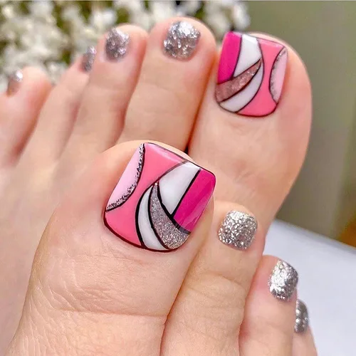 Miniatura 52 de Uñas postizas acrílicas artificiales negras para los dedos de los pies, ataúd a presión con diseños de flores blancas, uñas postizas reutilizables