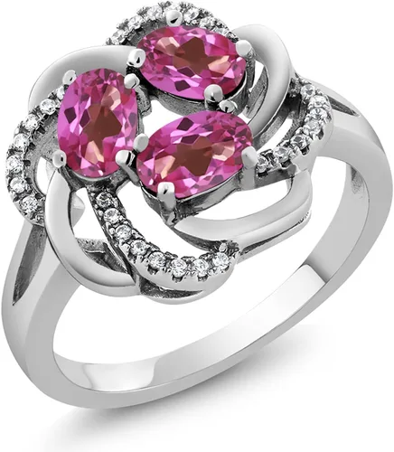 Miniatura 75 de Gem Stone King Flower Blossom Gemstone Birthstone Ring in 925 Sterling Silver 3-Stone Oval 6X4MM with Sparkling Accents Wedding Anniversary
