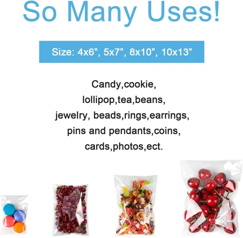 Miniatura 7 de Geyoga 120 piezas 4 tamaños Bolsas de celofán transparentes de plástico resellables autoadhesivas para dulces, galletas, envoltorio decorativo