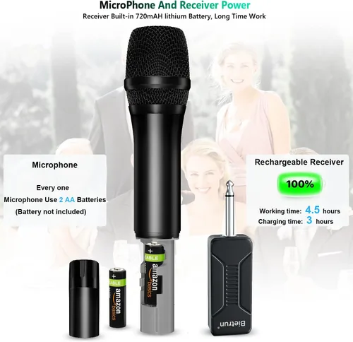 Miniatura 5 de Micrófono inalámbrico, sistema de micrófono dinámico inalámbrico dual de mano de metal UHF Bietrun con receptor recargable, salida de 1/4 pulgadas