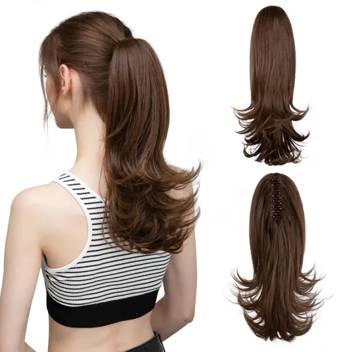 Miniatura 11 de CJL HAIR - Extensión de cola de caballo con clip de garra corto, cordón elástico, cabello rizado falso, balayage, pieza de cabello sintético, fibra