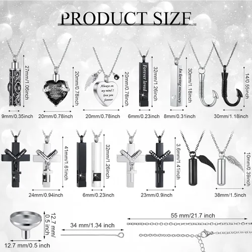 Miniatura 23 de 16 piezas de collar de urna para cenizas, medallón de cenizas talladas de acero inoxidable impermeable con 8 kit de relleno, cilindro de corazón