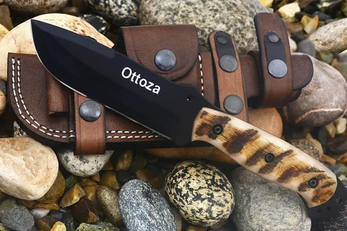 Miniatura 7 de Ottoza Cuchillo de caza de hoja fija con funda de cuero y transporte horizontal, cuchillo de supervivencia y campamento al aire libre de espiga