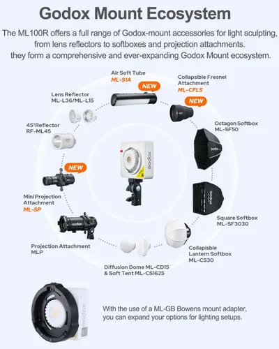 Miniatura 5 de Godox ML100R 110W RGB luz de video LED portátil, 1800K-10000K, HSI completo y CCT 1800K – 10,000K, CRI 95+, 14 FX, control de aplicación/a bordo