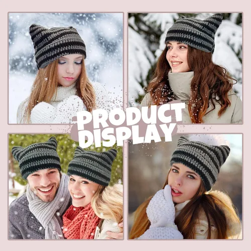 Miniatura 2 de Gorro de punto con orejas de gato para mujer, gorro de ganchillo con gorro de invierno a rayas, accesorios Y2K, gorros estilo gótico grunge