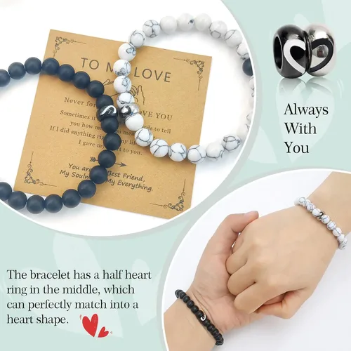 Miniatura 49 de 2 pulseras magnéticas para parejas, piedra natural negra mate, cristal para votos de amor eterno, juego de pulseras de cuentas de piedra de energía