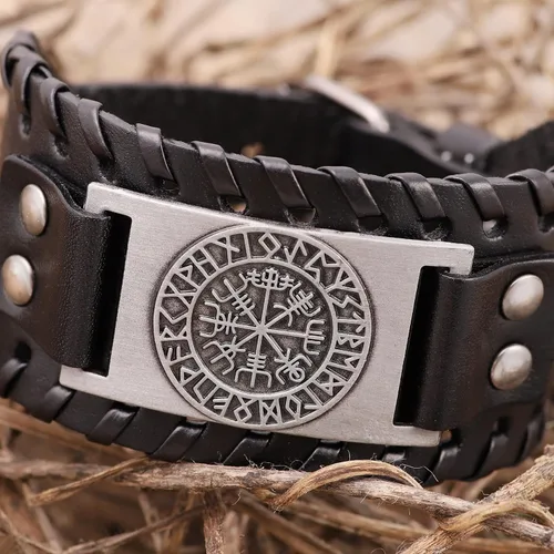 Miniatura 4 de HAQUIL Pulsera vikinga wicca egipcia negra marrón ancha de cuero pulsera antigua medieval joyería regalo para hombres