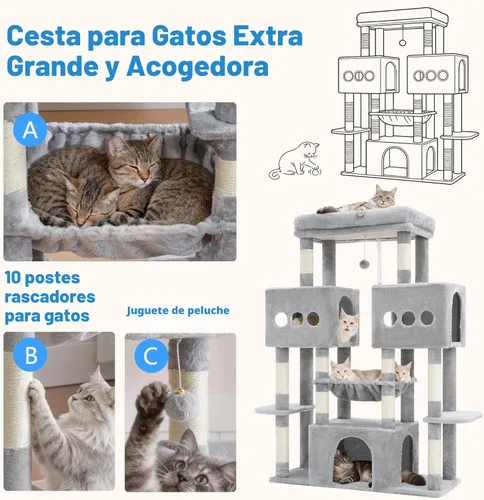 Miniatura 5 de Hey-brother Torre de árbol para gatos, postes rascadores de sisal grande con plataforma grande, 3 amplios condominios, hamaca de felpa, juguete