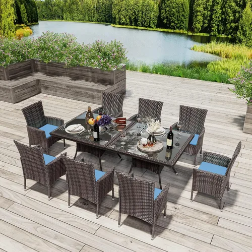 Miniatura 6 de Juego de 10 piezas de comedor para patio al aire libre, mesa de patio y sillas de ratán con agujero para paraguas, juego de mesa de comedor para 8
