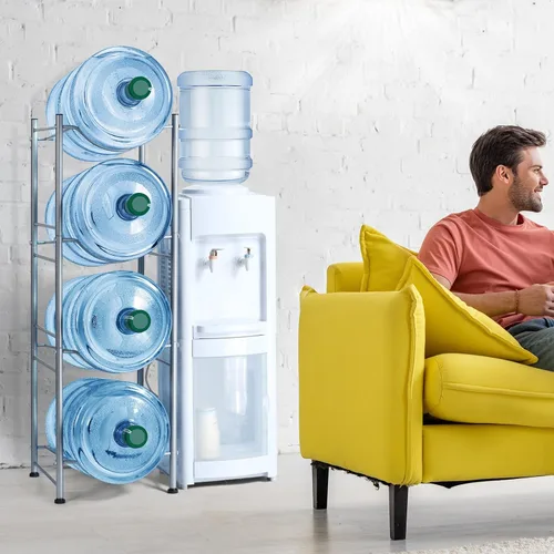 Miniatura 5 de SEHERTIWY Soporte para jarra de agua de 5 galones, 4 niveles resistente para botellas, estante de almacenamiento para el hogar, oficina, ahorra Plata