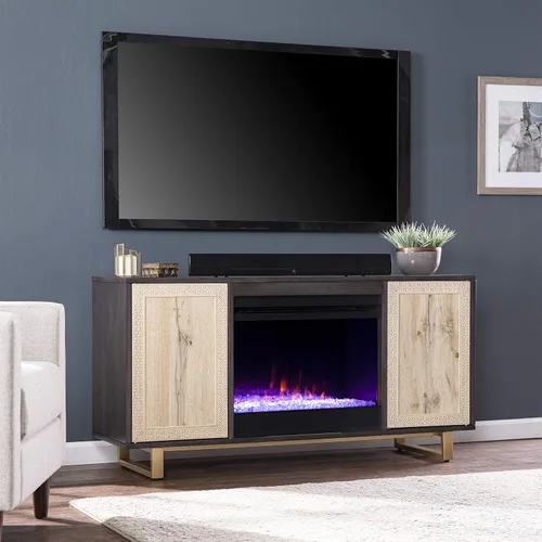 Miniatura 4 de SEI Furniture - Chimenea que cambia de color Wilconia con almacenamiento multimedia y detalles tallados - Diseño de transición, vidrio marrón