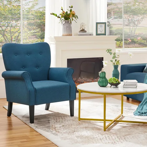 Miniatura 6 de Yaheetech Sillón moderno, silla decorativa de mediados de siglo con patas de madera resistentes y respaldo alto para espacios pequeños, sofá Azul