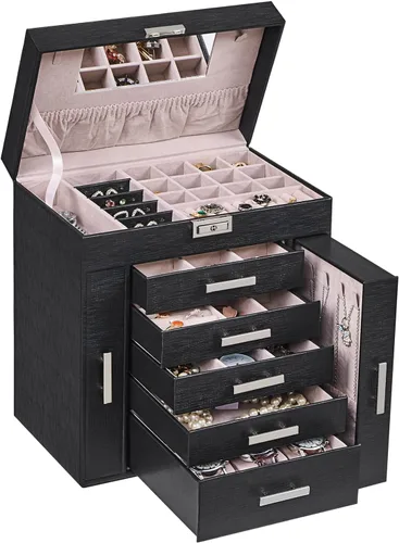 ANWBROAD UJJB008B - Caja organizadora de joyas de 6 niveles con cerradura de espejo, soporte de joyería para aretes, anillos, pulseras, organizador