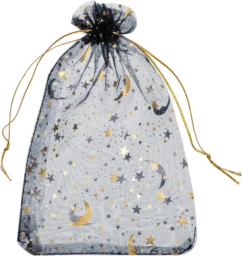 Miniatura 13 de MECCANIXITY Bolsa de organza de 3.5 x 5 pulgadas, bolsas de malla transparente de luna y estrella, bolsas de regalo con cordón, bolsa de regalo