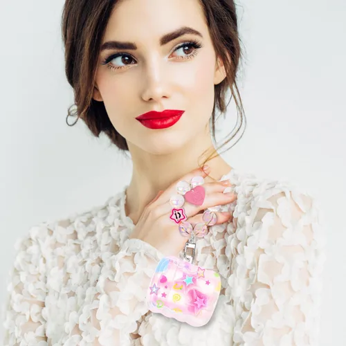 Miniatura 6 de Bonita funda para AirPods con colgante de amor, llavero de cuentas redondas coloridas, diseño de estrellas 3D con purpurina, funda protectora suave
