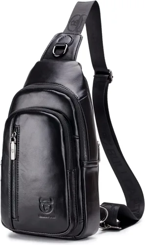 Hebetag Mochila cruzada de cuero para hombres y mujeres, mochila de hombro para el pecho, multiusos, casual, Negro -, Viajar