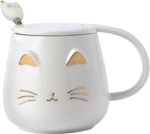 Miniatura 6 de Yuwu Taza de café con diseño de gato, regalo para los amantes de los gatos, taza de cerámica, taza novedosa con tapa y cuchara de acero inoxidable