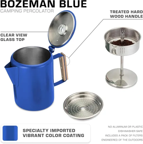 Miniatura 2 de COLETTI Bozeman Blue Percolator Cafetera — Cafeteras de Camping — La Percoladora Favorita para Camping — SIN Aluminio o Plástico [9 tazas, Azul]
