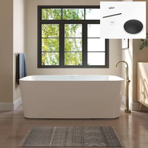 Miniatura 14 de FerdY Maui Bañera Independiente de 67" Elegante Bañera de Remojo Independiente, Blanco Brillante, Certificado cUPC, Conjunto de Drenaje y Drenaje