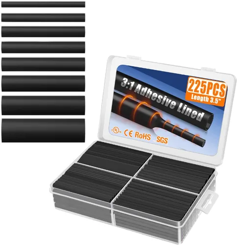 XHF UL listado 225 piezas Longitud 8.76 cm 3:1 Kit de tubo termorretráctil impermeable grado marino. Tubo termorretráctil forrado con adhesivo, Negro