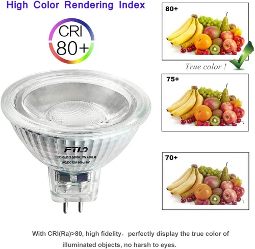 Miniatura 5 de FTL Bombilla LED MR16, no regulable, 5000 K, luz diurna, vidrio blanco, 5 W, CA/CC, 12 V, 50 W, equivalente a halógeno, 500 lm, GU5.3, base bipin