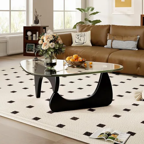 Mesa de centro moderna para sala de estar, mesa central negra minimalista de 35.8 pulgadas con vidrio templado triangular y patas sólidas