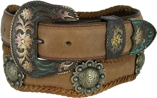 Cowboy Cowgirl Western Indian CoinStar Conchos Crazy Horse Cinturón de cuero genuino festoneado 1-12 "(38 mm) de ancho