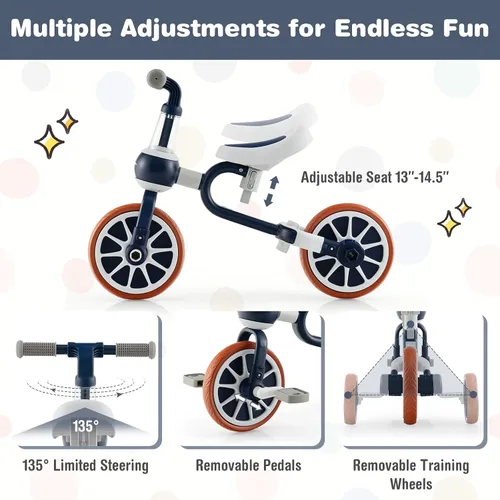 Miniatura 3 de BABY JOY Triciclo 4 en 1 para niños de 2 a 4 años, triciclo de equilibrio para niños con asiento ajustable y mango de empuje, pedales extraíbles