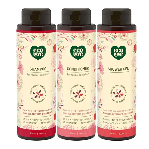 ecoLove Champú natural, acondicionador y gel de baño hidratante, para cabello normal y graso - Con extracto orgánico de tomate y remolacha sin SLS