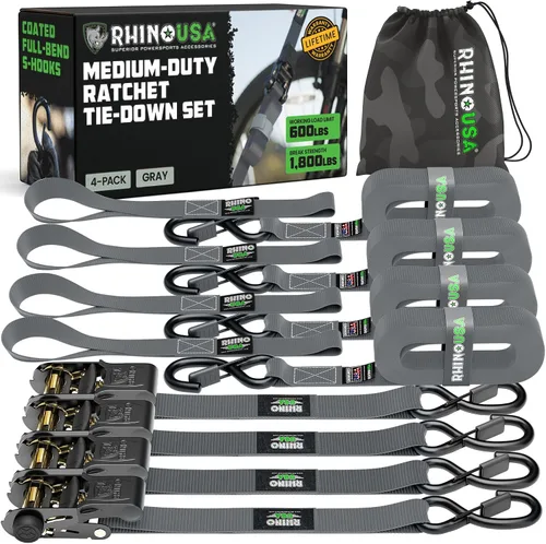 Miniatura 9 de Rhino USA - Correas de trinquete de amarre (4), 1 pulgada x 15 pies (resistencia 1823 libras), con ganchos en S de seguridad, alta calidad para Negro