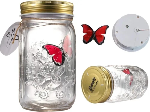 Miniatura 2 de Mariposa en un frasco de cristal, tarro de lámpara LED Hsxxf con mariposa animada en un tarro para activar la decoración de regalo (rojo)