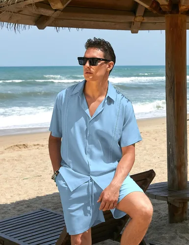 Miniatura 2 de COOFANDY Conjunto de 2 piezas de lino para hombre, camisa con botones y pantalones cortos