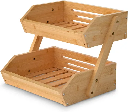 Cesta de frutas de 2 niveles para cocina, soporte de bambú para almacenamiento de frutas y verduras para encimera de cocina, cesta de productos para