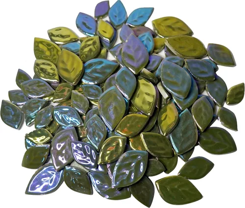 Miniatura 12 de Azulejos de mosaico de cerámica de hojas iridiscentes aleatorias de 1.1 libras, creando 3 tamaños de piezas creativas de mosaico de cerámica