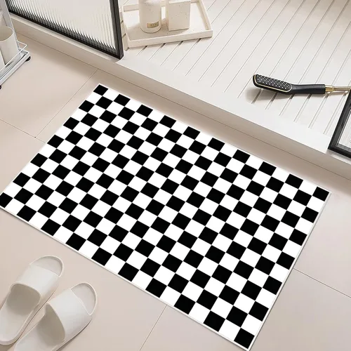 Miniatura 6 de Alfombra a cuadros de 2 x 3 pies, alfombra negra y blanca moderna para entrada interior, alfombra pequeña lavable a cuadros para baño, alfombra