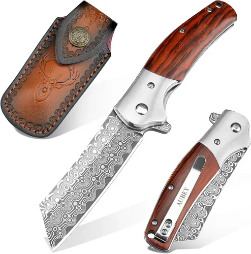 Miniatura 11 de Cuchillo de bolsillo AUBEY de Damasco, hoja de acero de Damasco de 3.34" con molino hueco, cuchillo plegable con rodamiento de bola, mango
