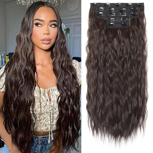 Miniatura 22 de REECHO Extensiones de cabello con clip, 5 piezas, de 24 pulgadas, de color rubio ceniza, extensiones de cabello con ondas largas y sueltas, HE002