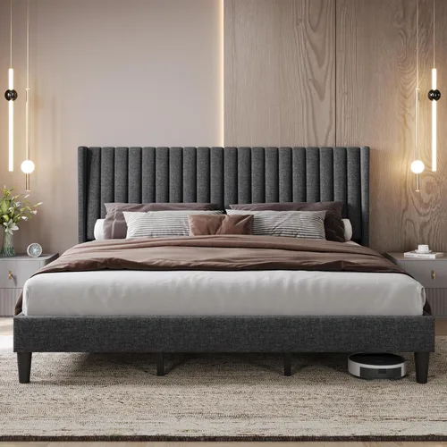 Miniatura 17 de Yaheetech - Base de cama tamaño Queen con plataforma tapizada con cabecero de tela, diseño de borde alado/Antideslizante y libre de ruido/Soporte