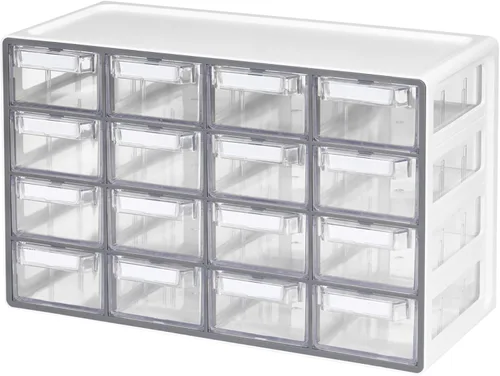 Blue Ginkgo Gabinete mediano de 16 cajones, organizador transparente apilable para hardware, cuentas, ladrillos de plástico, oficina y Gris