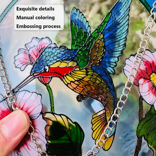 Miniatura 2 de Atrapasoles de Colibrí de Vidrio Pintado para Colgar en Ventanas, Atrapasoles para Ventana, Atrapasoles de Colibrí y Flores, Panel de Vidrio Pintado