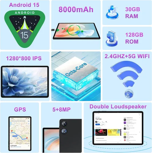 Miniatura 2 de Tableta de 10 pulgadas Android 15 con 30 GB de RAM 128 GB de ROM 1 TB de expansión, Tablets de 8000 mAh Octa-Core con teclado y ratón, pantalla HD