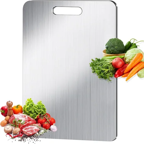 Miniatura 6 de Tabla de cortar de titanio para cocina, juego de tablas de cortar de acero inoxidable 304 para frutas, carne y verduras (12 x 8 pulgadas)