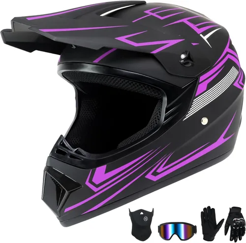 Miniatura 8 de Casco de motocross para niños jóvenes, casco de motocicleta todoterreno con (gafas, guantes, máscara), juego de 4 piezas, casco de cara completa