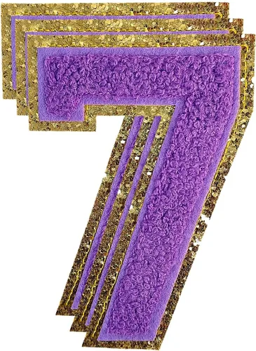Miniatura 69 de 3 parches de números de chenilla negra, tamaño grande de 4-1/2" parches de números para planchar, parches universitarios para ropa, 8" Borde oro rosa