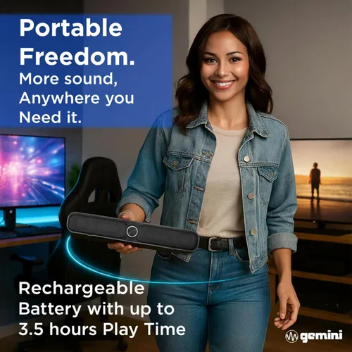 Miniatura 4 de Gemini Barra de sonido Bluetooth portátil alimentada por batería con radio FM incorporada, USB y microSD, altavoz inalámbrico