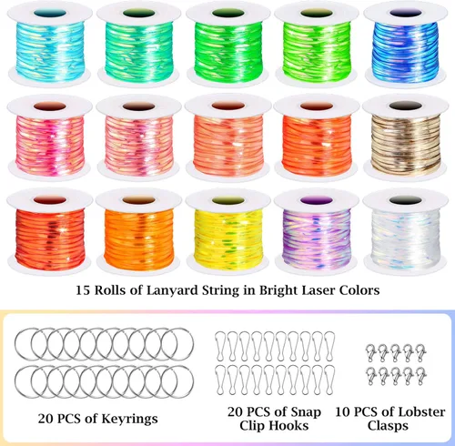 Miniatura 2 de Kit de cuerda de cordón, Cridoz 15 rollos de cuerda de gimp de cordón de plástico con 50 piezas de ganchos de clip a presión, llaveros y cierres