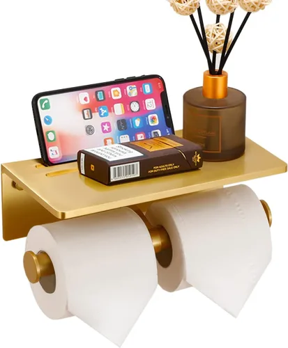 Soporte Doble para Papel Higiénico con Estante, Dispensador de Rollo de Papel Higiénico Comercial de Montaje en Pared con Estante para Celular, de