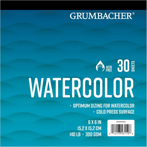 Grumbacher Bloc de papel de acuarela de prensa en frío de 6 x 6 pulgadas, 140 lb. / 300 GSM, encuadernado con cinta, 30 hojas/bloc, 1 cada uno